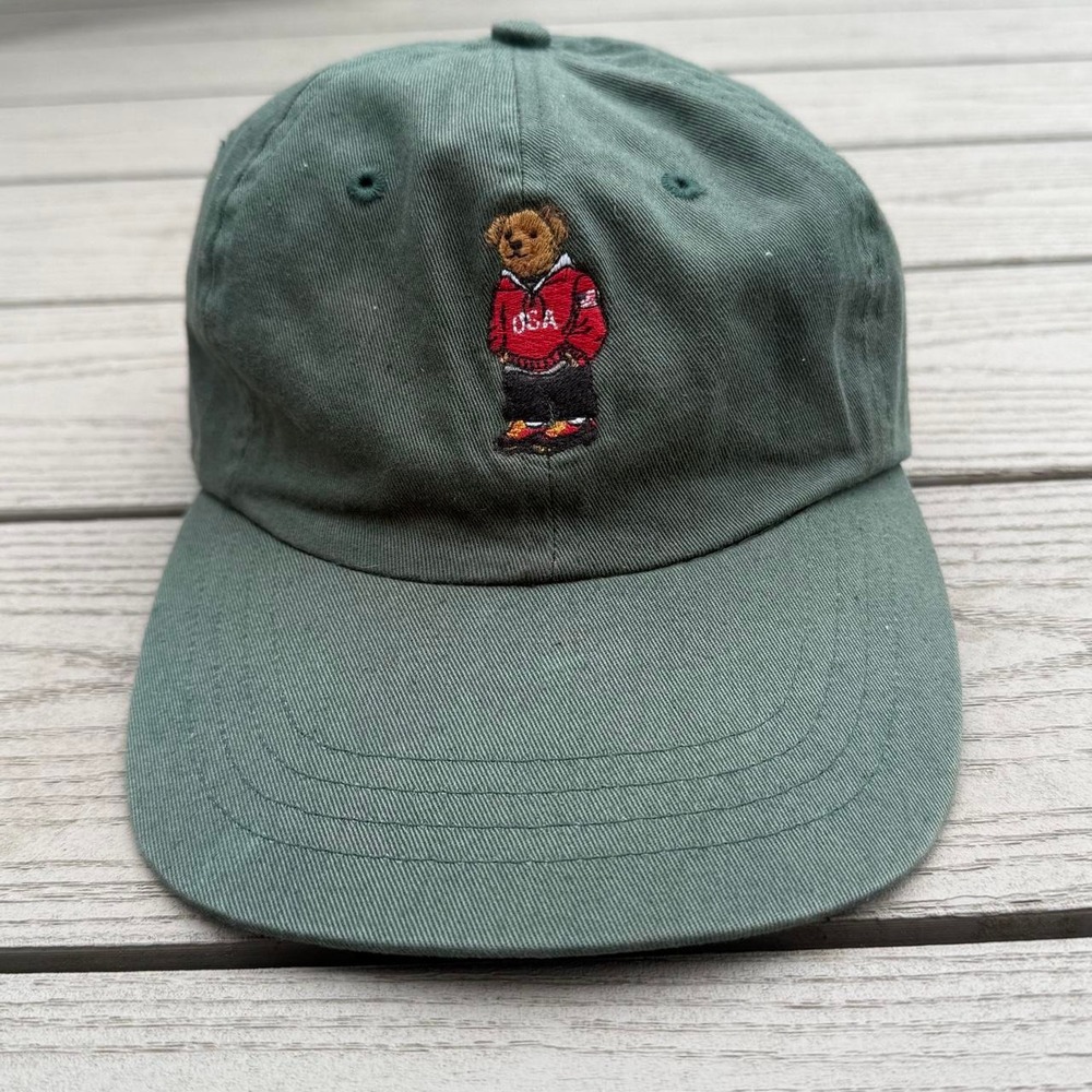 Vintage 90s Polo Sport Ralph Lauren USA Bear Hat Strapback Green Mens Cap